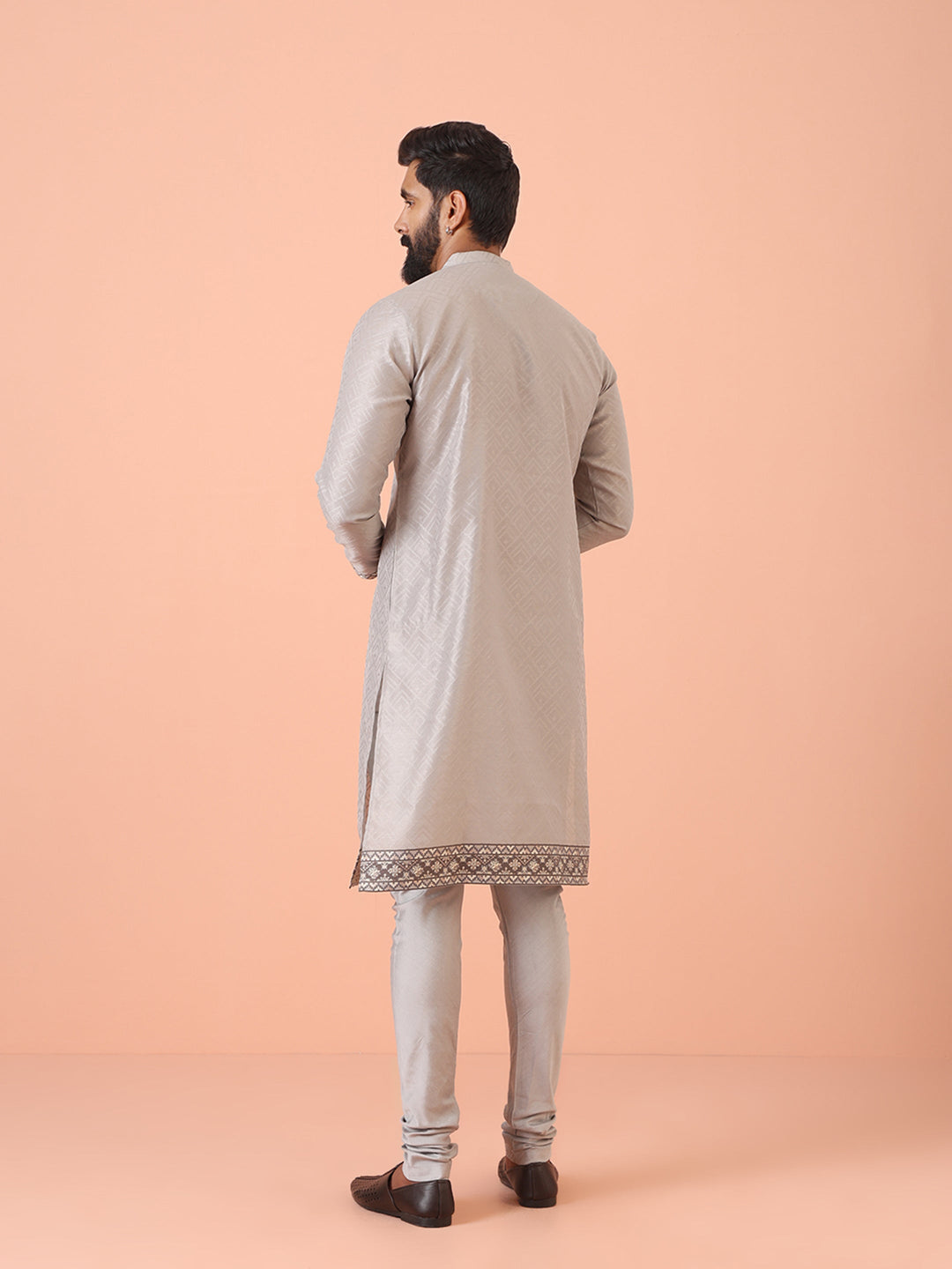 Grey Jacquard Kurta with Hem Detailing | SHOBITAM
