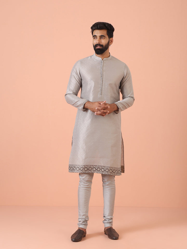 Men Grey Self Design Kurta Churidar Set | SHOBITAM
