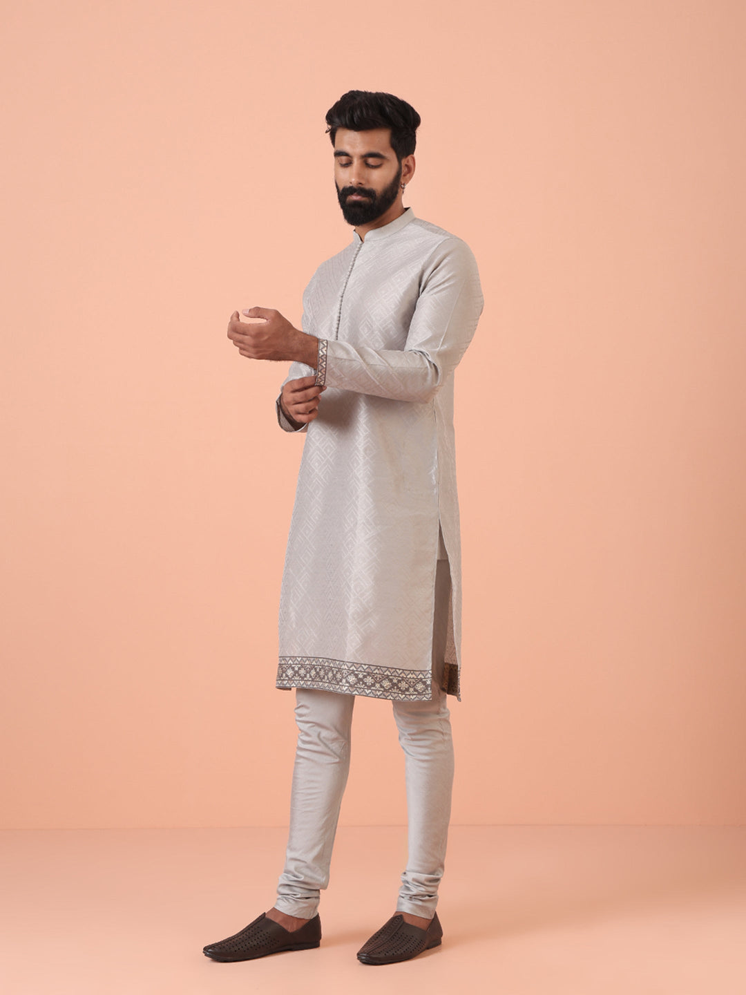 Men Grey Self Design Kurta Churidar Set | SHOBITAM
