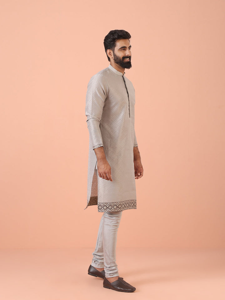 Men Grey Self Design Kurta Churidar Set | SHOBITAM