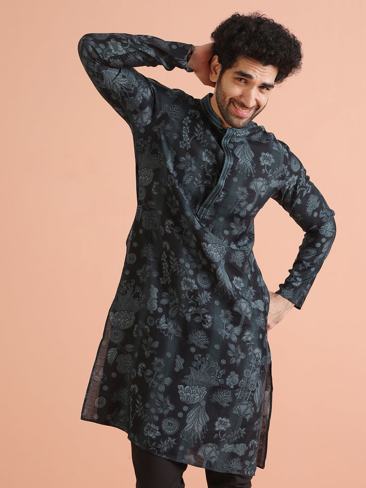 Black Floral Jacquard Silk Blend Kurta  | SHOBITAM