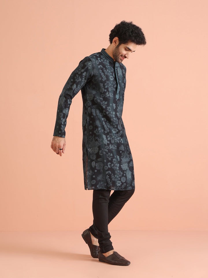 Black Floral Jacquard Silk Blend Kurta  | SHOBITAM