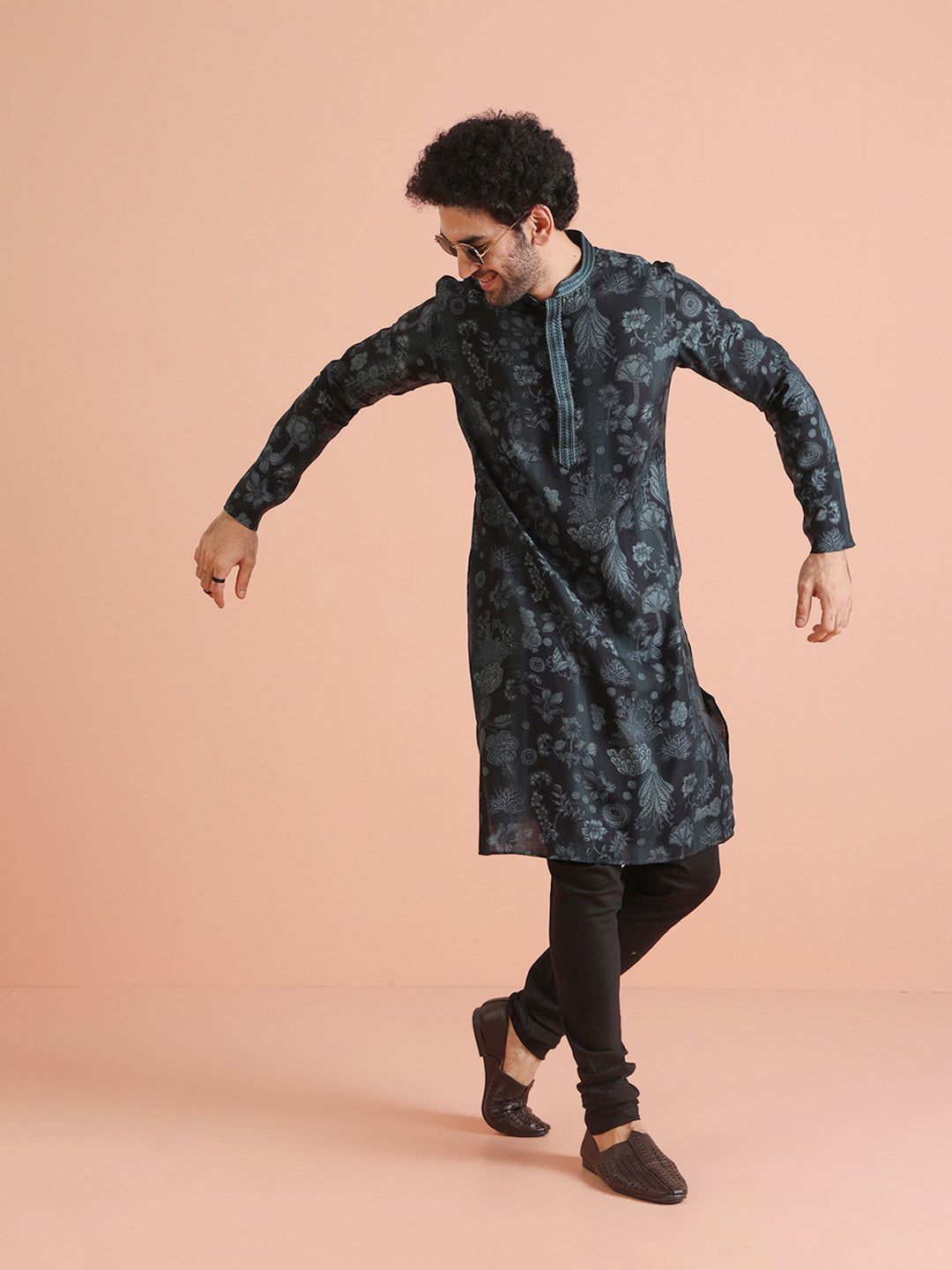 Black Floral Jacquard Silk Blend Kurta  | SHOBITAM