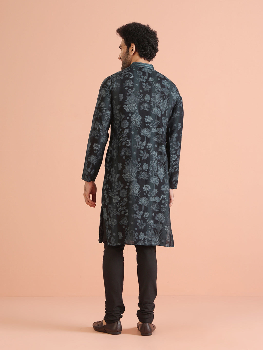 Black Floral Jacquard Silk Blend Kurta  | SHOBITAM
