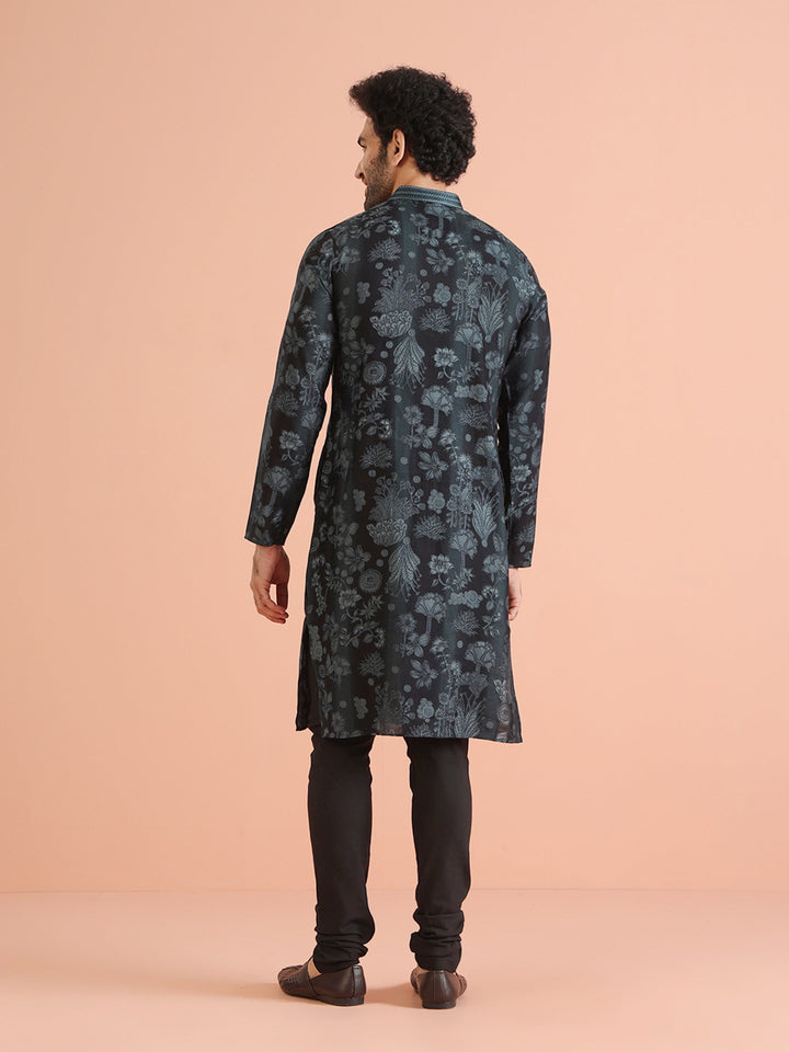 Black Floral Jacquard Silk Blend Kurta  | SHOBITAM
