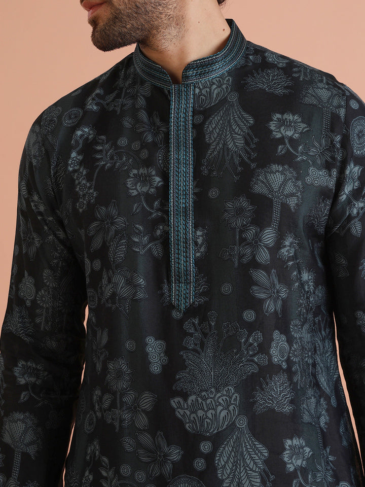 Black Floral Jacquard Silk Blend Kurta  | SHOBITAM