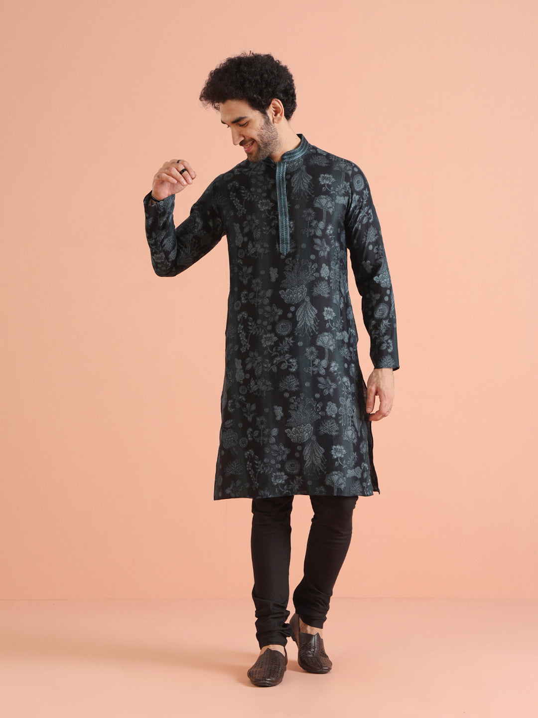 Black Floral Jacquard Silk Blend Kurta  | SHOBITAM