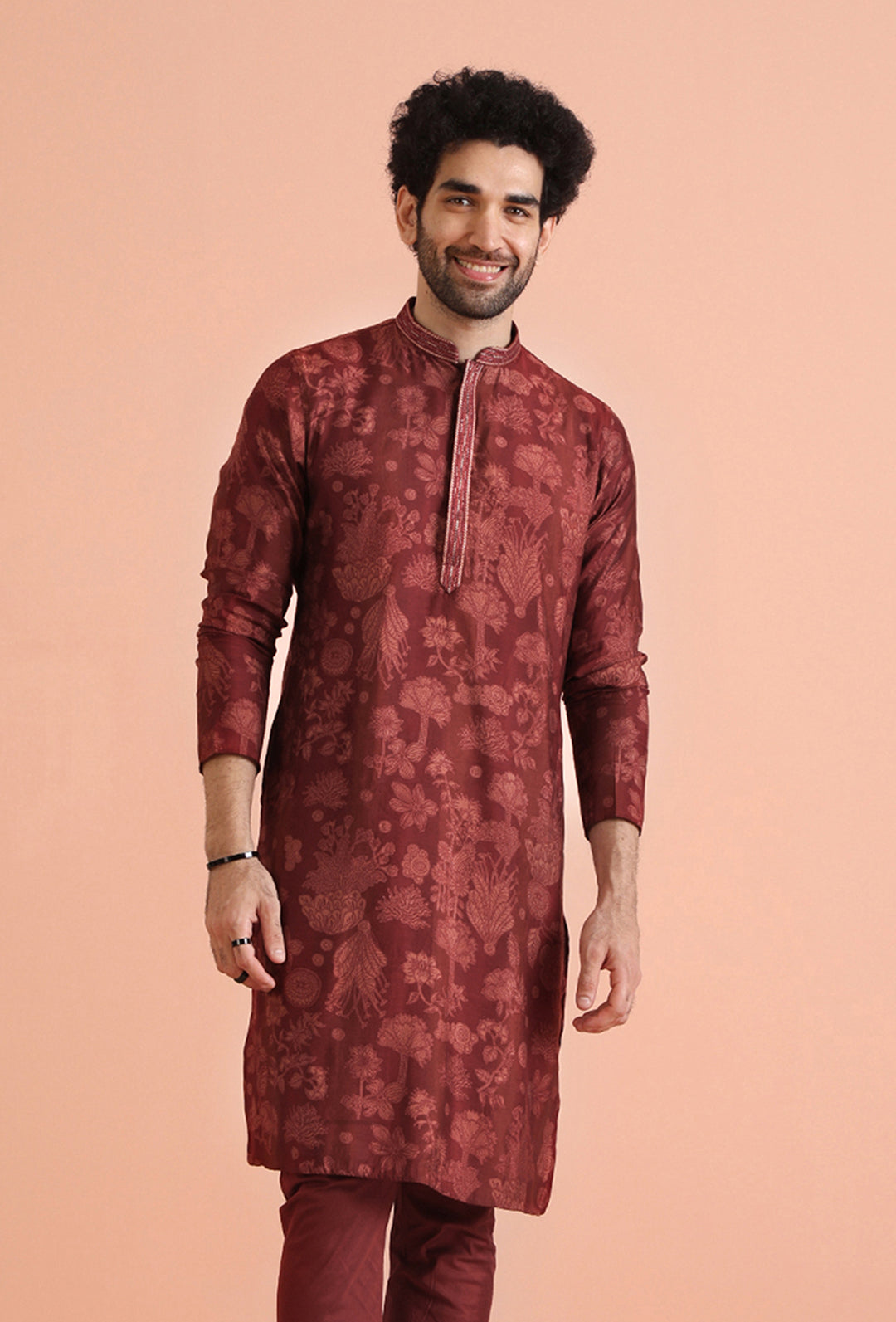 Maroon Silk Blend Floral Printed Kurta | SHOBITAM