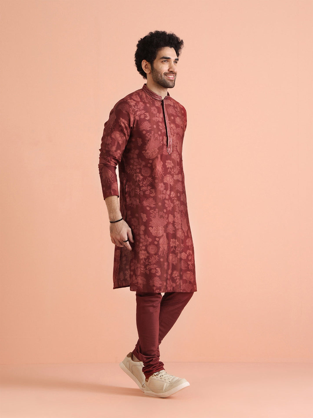 Maroon Silk Blend Floral Printed Kurta | SHOBITAM