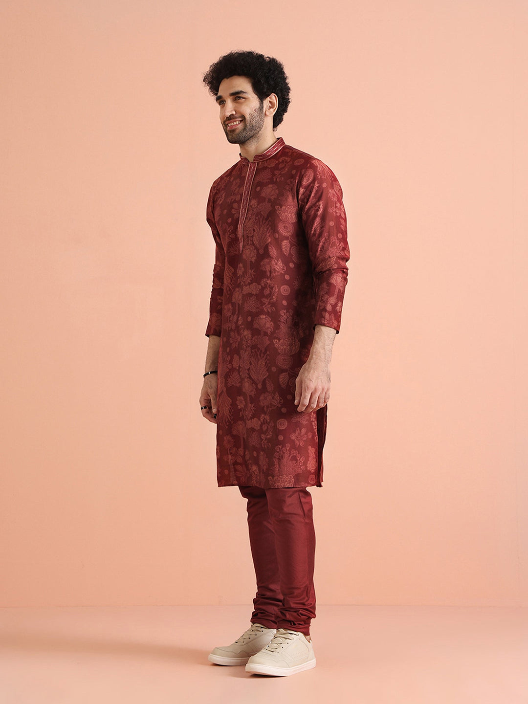 Maroon Silk Blend Floral Printed Kurta | SHOBITAM