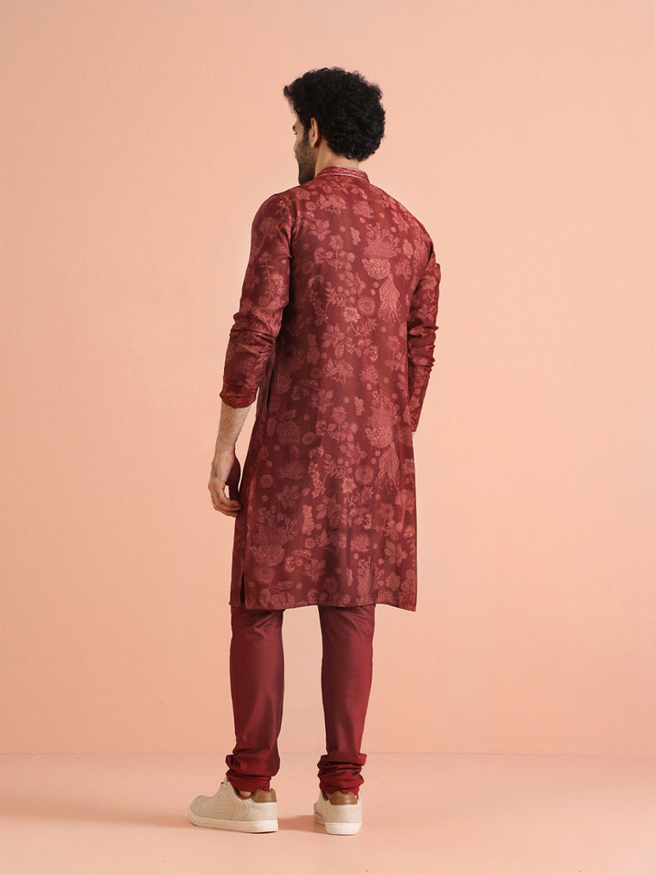 Maroon Silk Blend Floral Printed Kurta | SHOBITAM