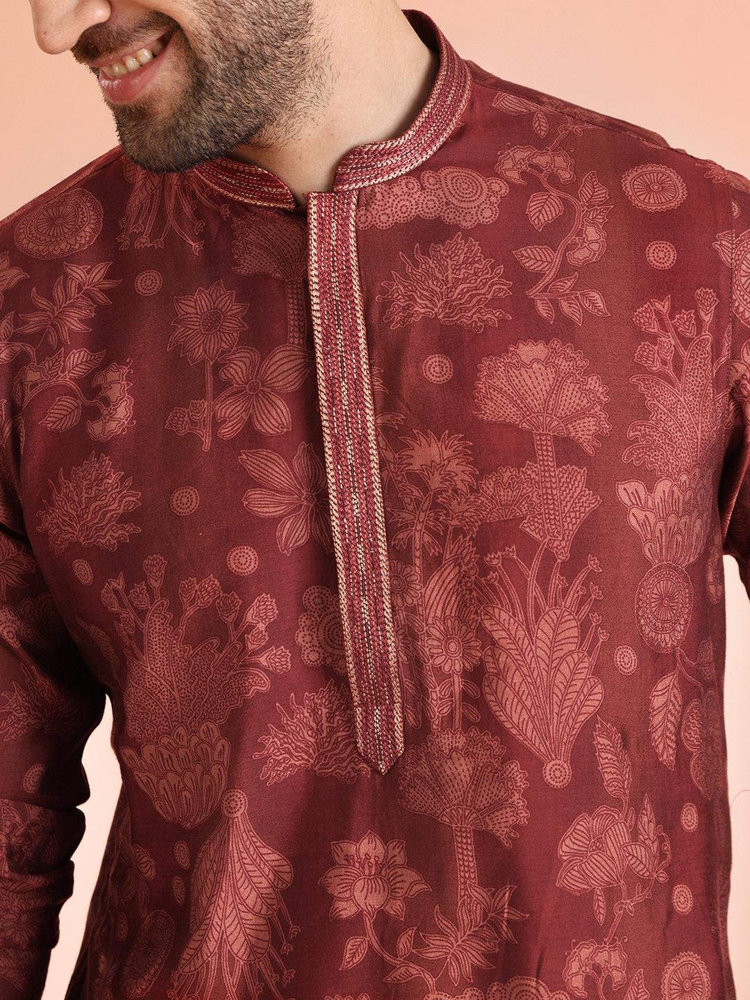 Maroon Silk Blend Floral Printed Kurta | SHOBITAM