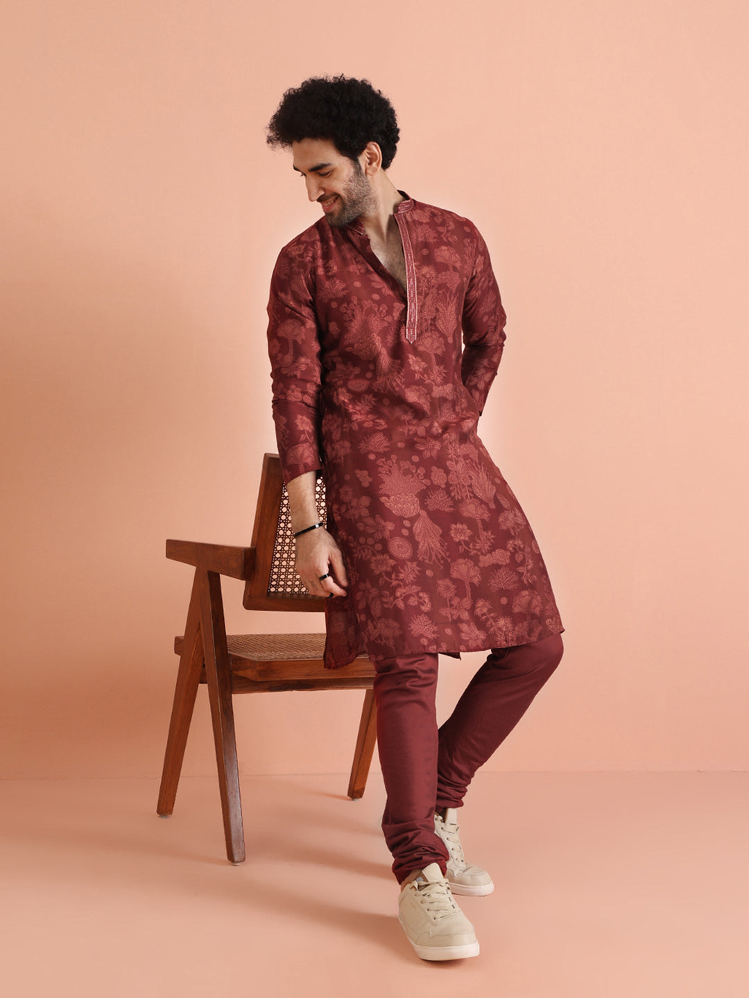 Maroon Silk Blend Floral Printed Kurta | SHOBITAM