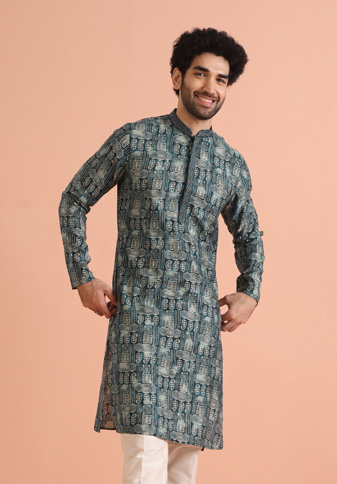 Teal Blue Abstract Printed Kurta | SHOBITAM