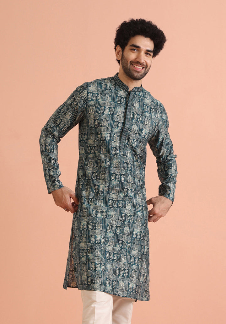 Teal Blue Abstract Printed Kurta | SHOBITAM