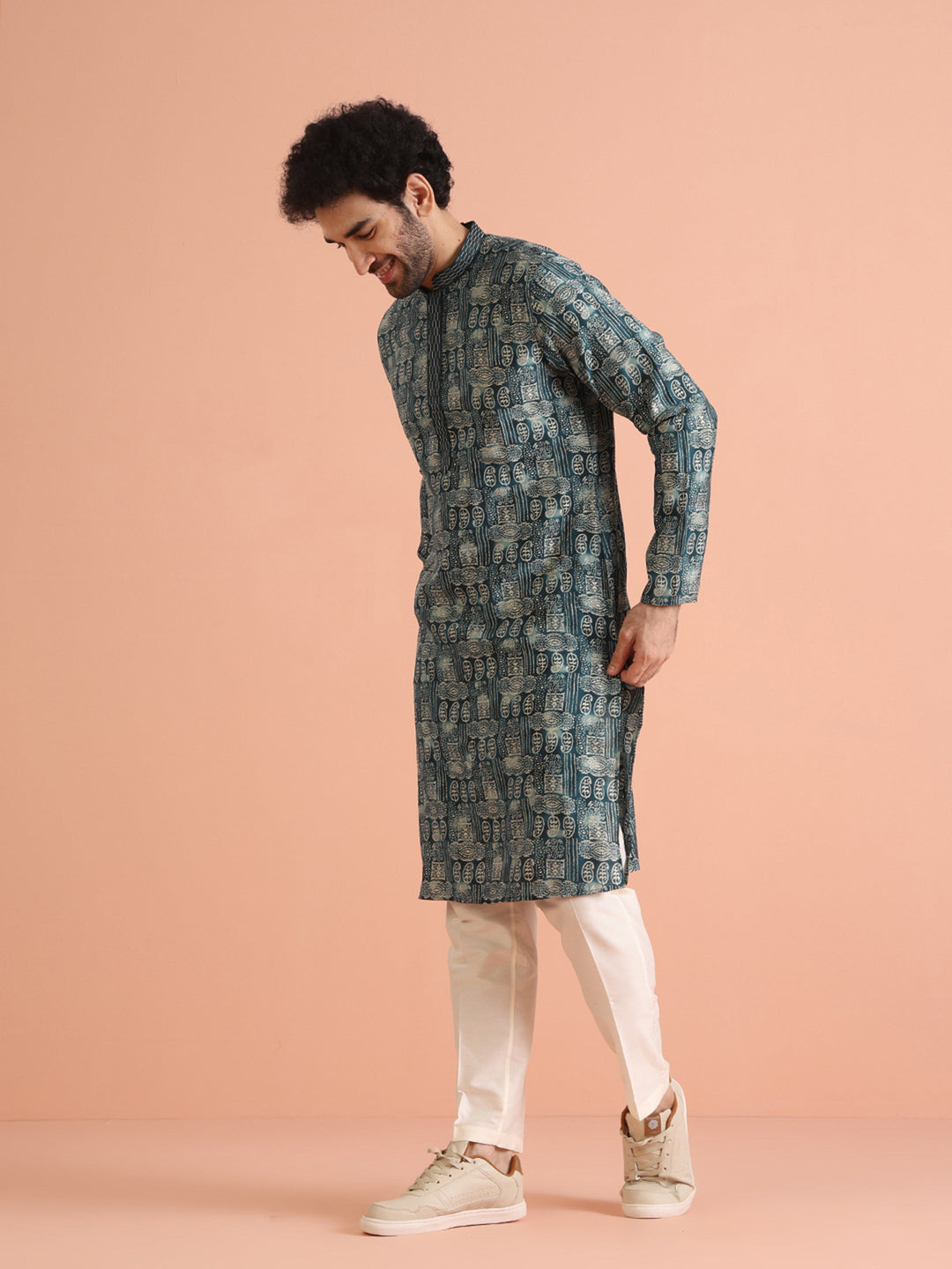 Teal Blue Abstract Printed Kurta | SHOBITAM