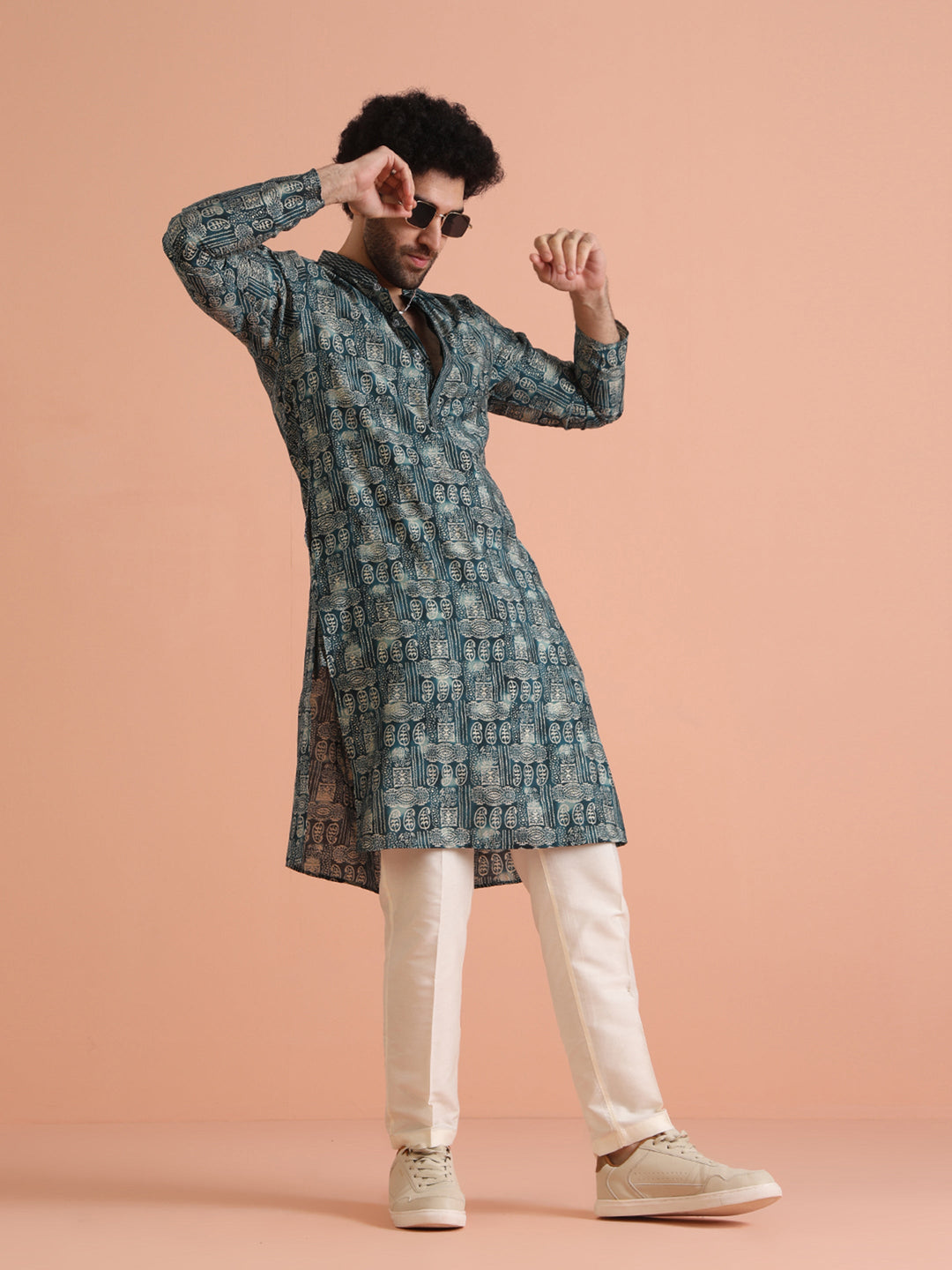 Teal Blue Abstract Printed Kurta | SHOBITAM