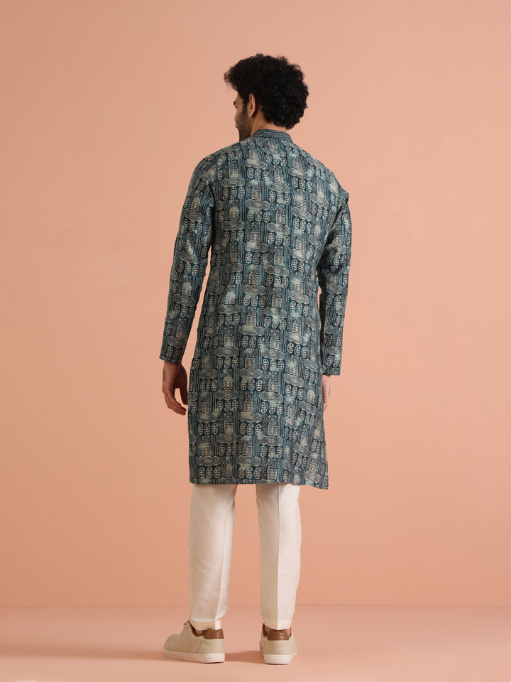 Teal Blue Abstract Printed Kurta | SHOBITAM