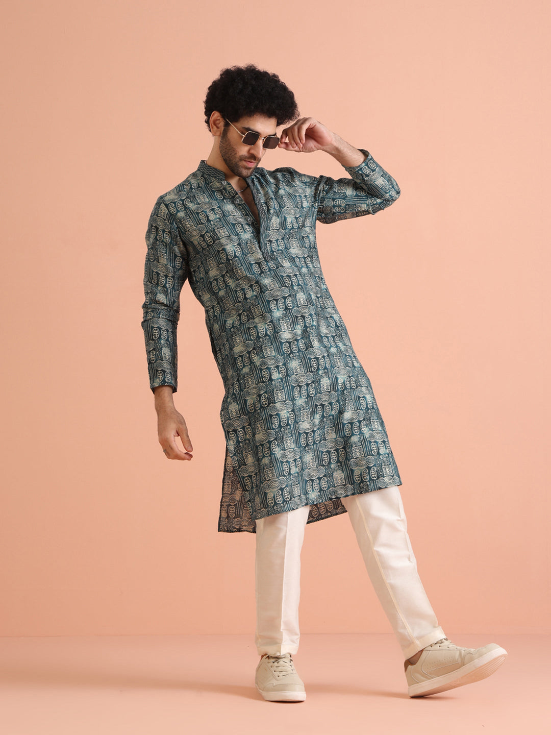 Teal Blue Abstract Printed Kurta | SHOBITAM