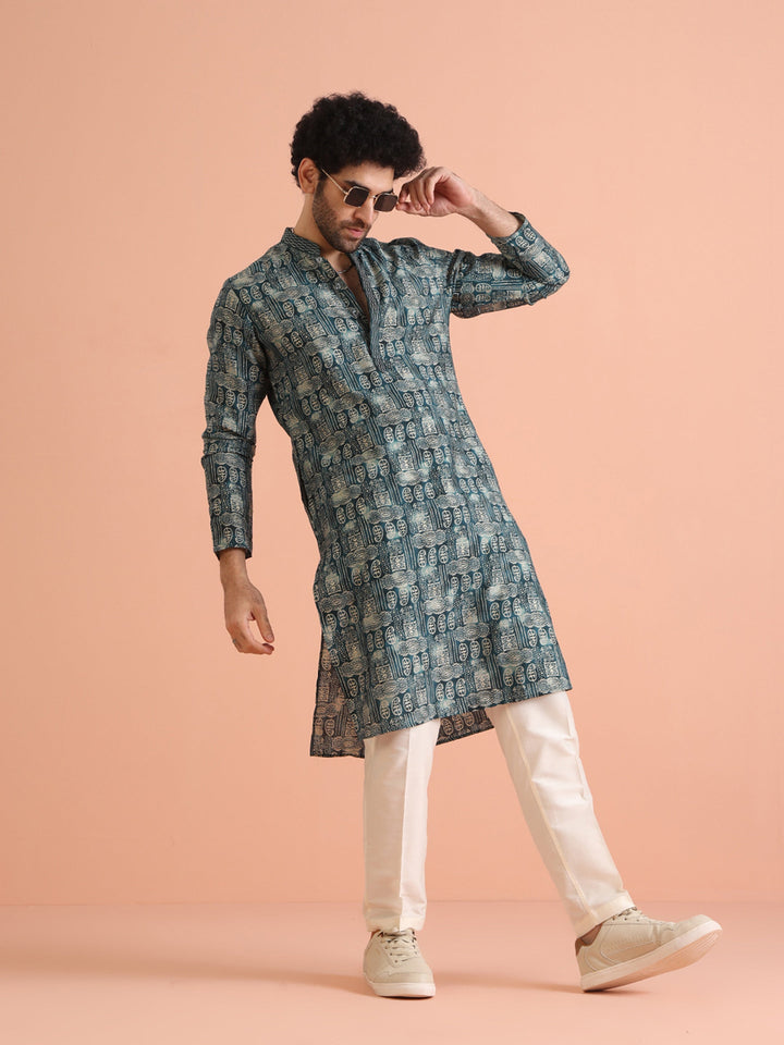 Teal Blue Abstract Printed Kurta | SHOBITAM