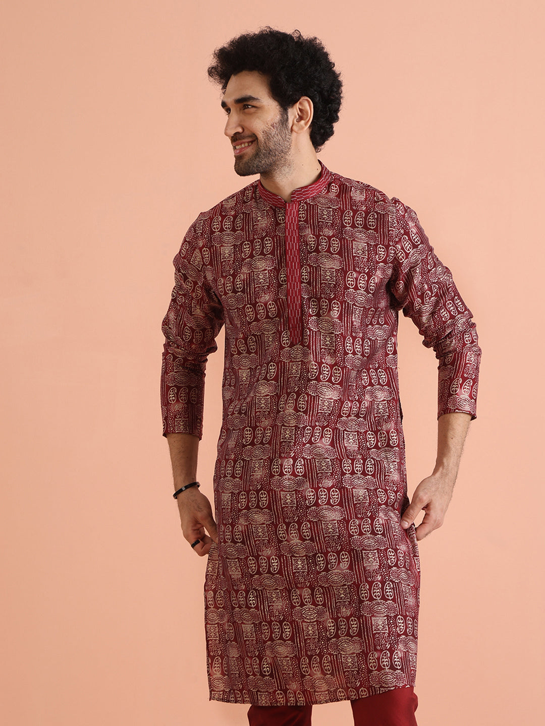 Maroon Cotton Silk Printed Long Kurta | SHOBITAM