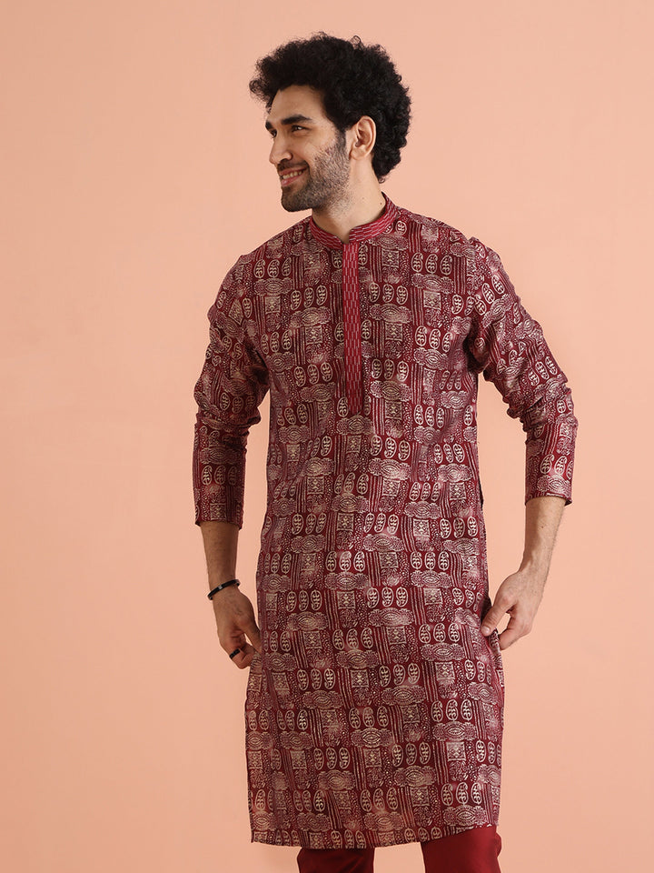 Maroon Cotton Silk Printed Long Kurta | SHOBITAM