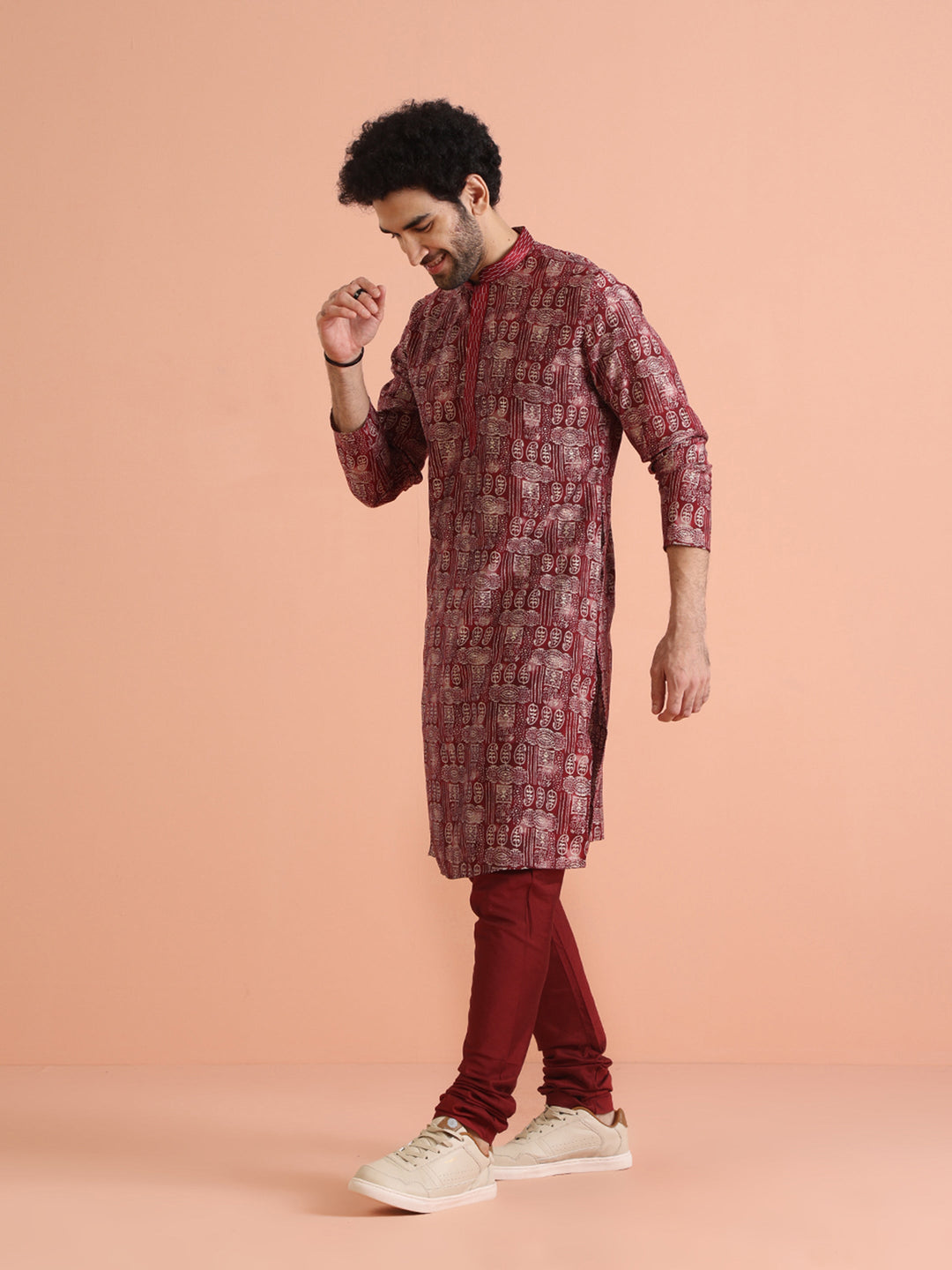Maroon Cotton Silk Printed Long Kurta | SHOBITAM