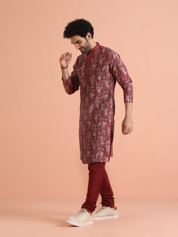 Maroon Cotton Silk Printed Long Kurta | SHOBITAM