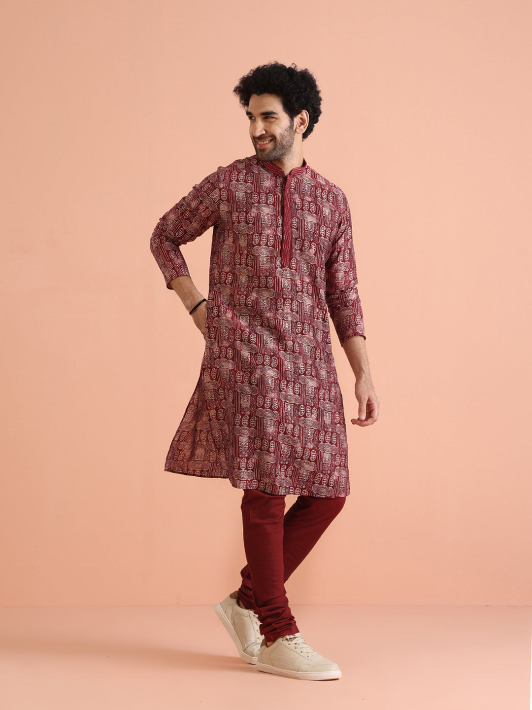 Maroon Cotton Silk Printed Long Kurta | SHOBITAM