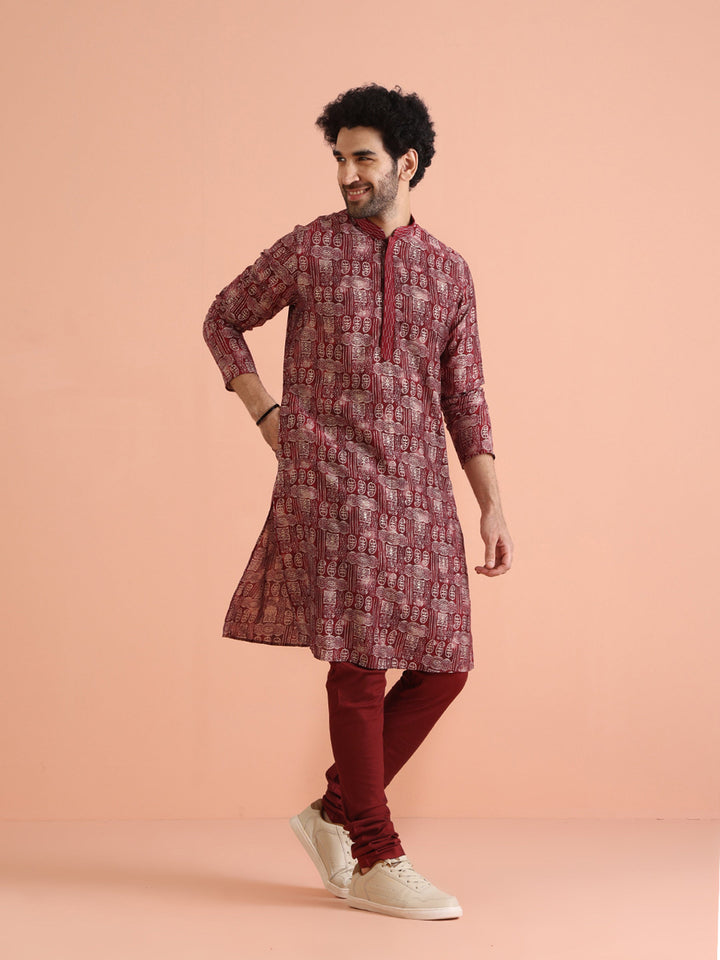Maroon Cotton Silk Printed Long Kurta | SHOBITAM