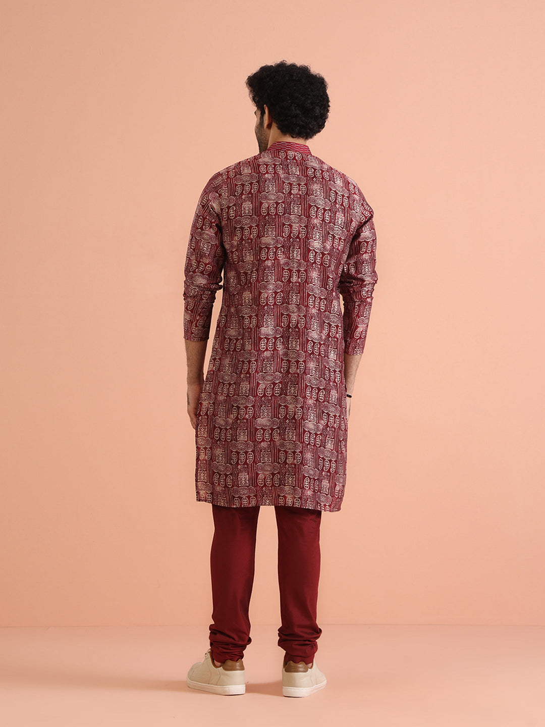 Maroon Cotton Silk Printed Long Kurta | SHOBITAM