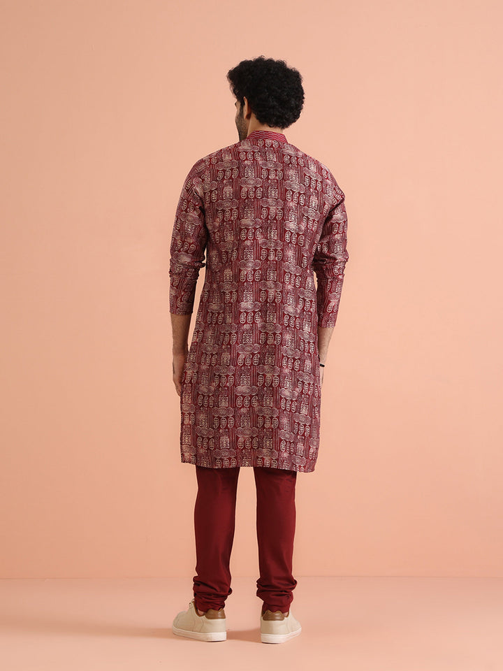 Maroon Cotton Silk Printed Long Kurta | SHOBITAM