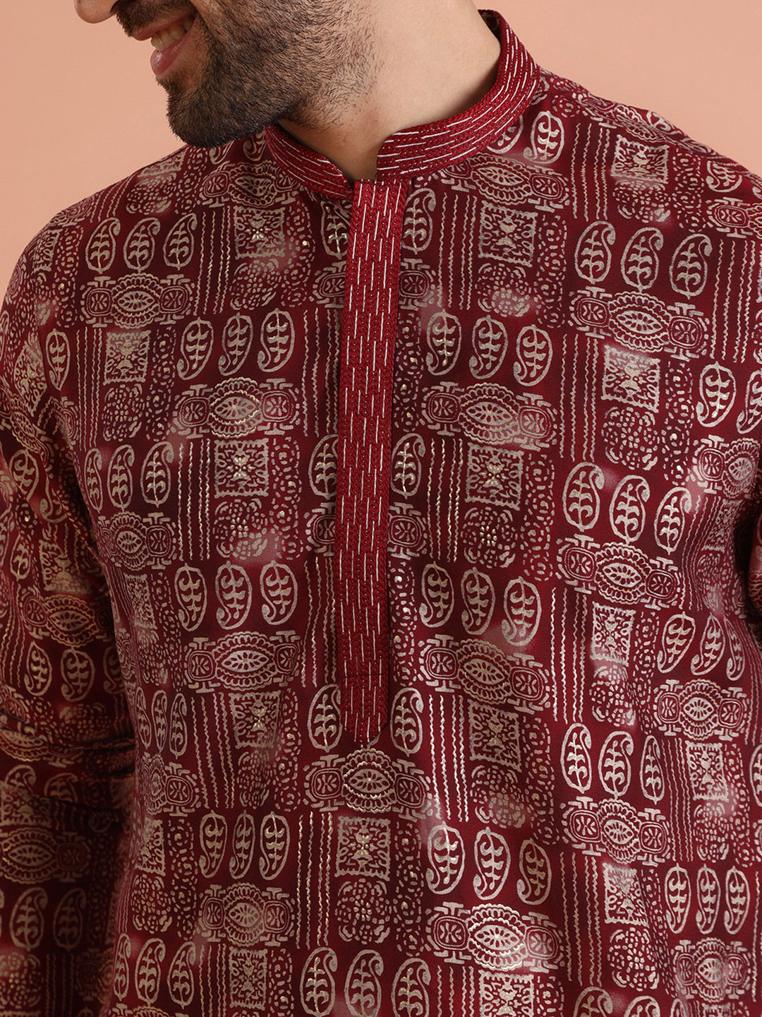 Maroon Cotton Silk Printed Long Kurta | SHOBITAM