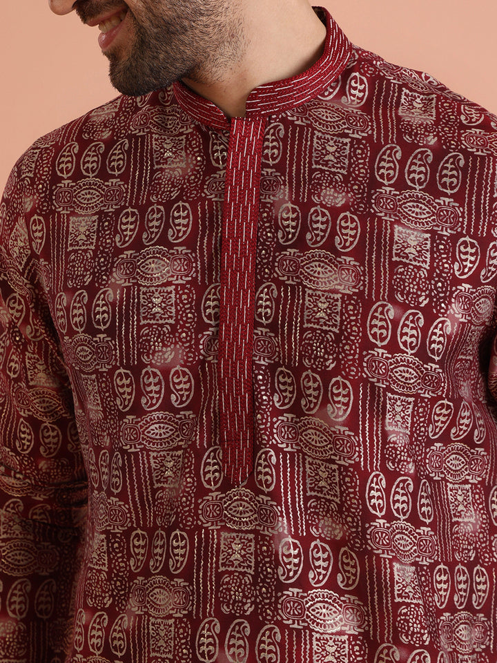 Maroon Cotton Silk Printed Long Kurta | SHOBITAM