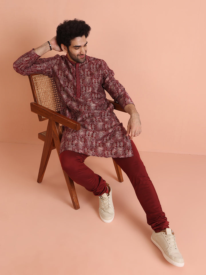 Maroon Cotton Silk Printed Long Kurta | SHOBITAM