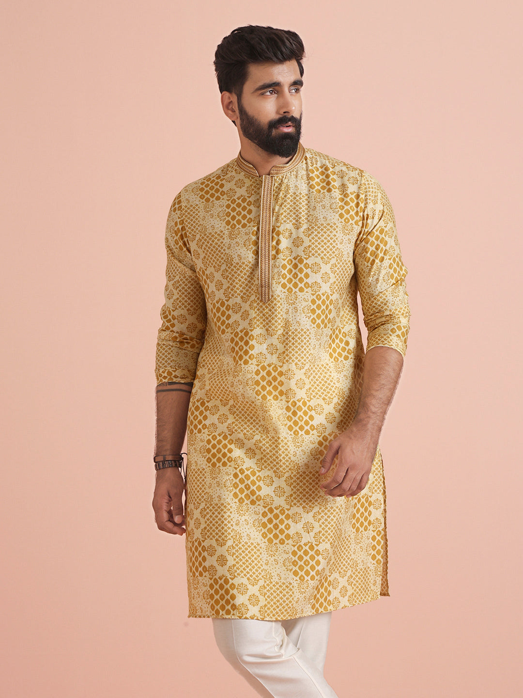 Men Mustard Ethnic Motifs Kurta | SHOBITAM
