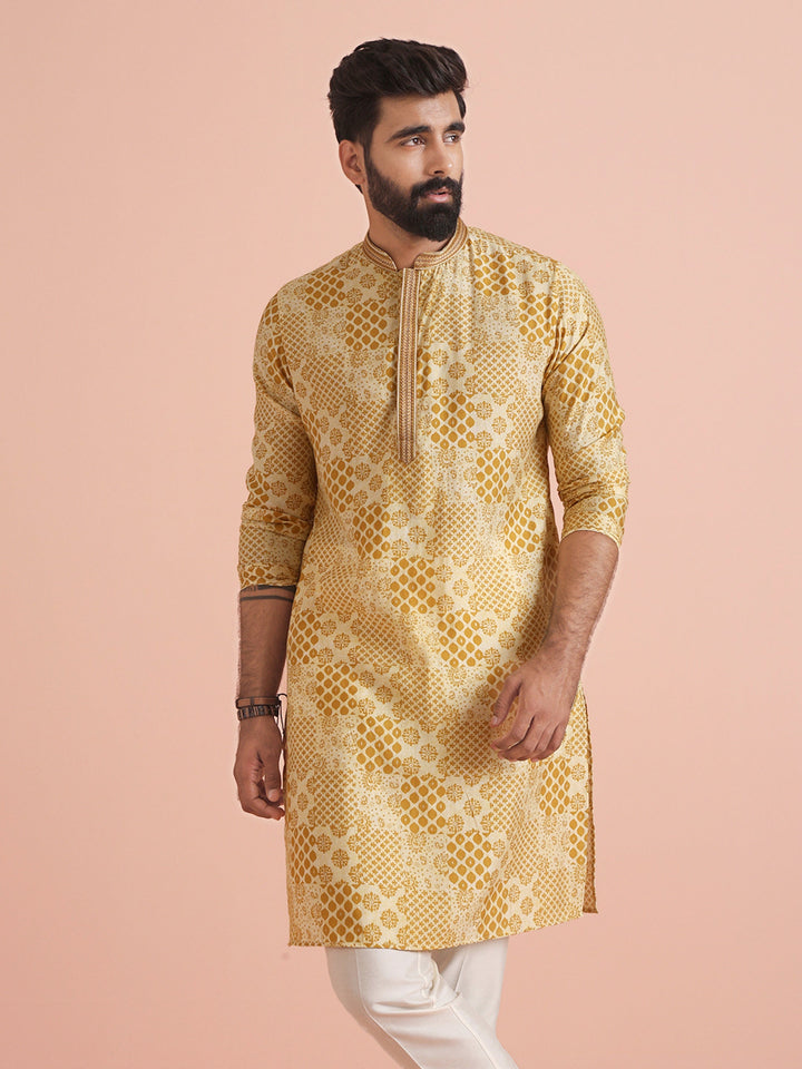 Men Mustard Ethnic Motifs Kurta | SHOBITAM
