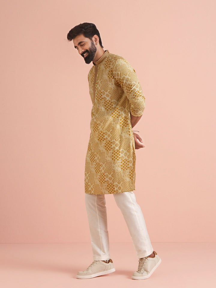 Men Mustard Ethnic Motifs Kurta | SHOBITAM