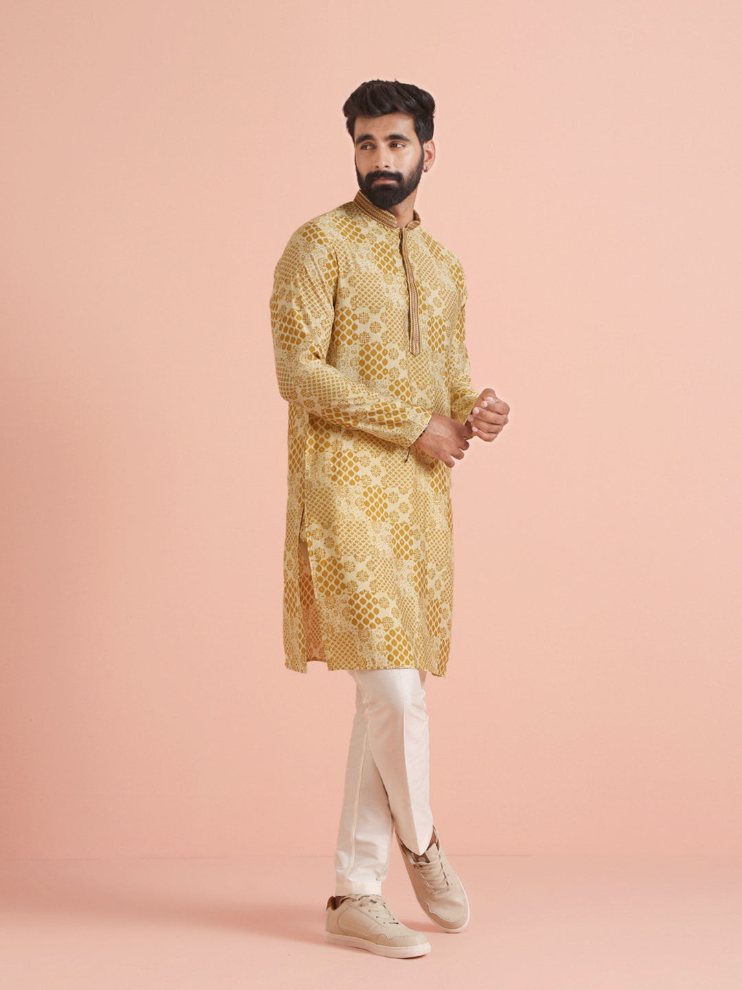 Men Mustard Ethnic Motifs Kurta | SHOBITAM