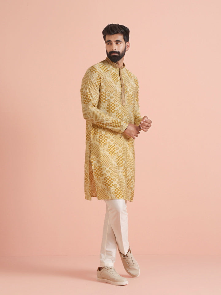 Men Mustard Ethnic Motifs Kurta | SHOBITAM