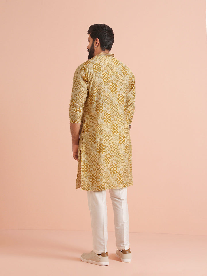 Men Mustard Ethnic Motifs Kurta | SHOBITAM