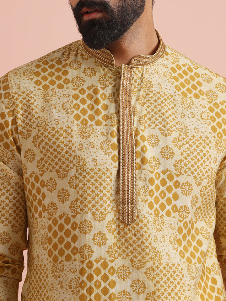 Men Mustard Ethnic Motifs Kurta | SHOBITAM