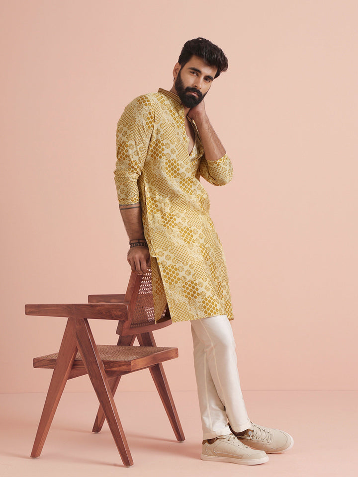 Men Mustard Ethnic Motifs Kurta | SHOBITAM