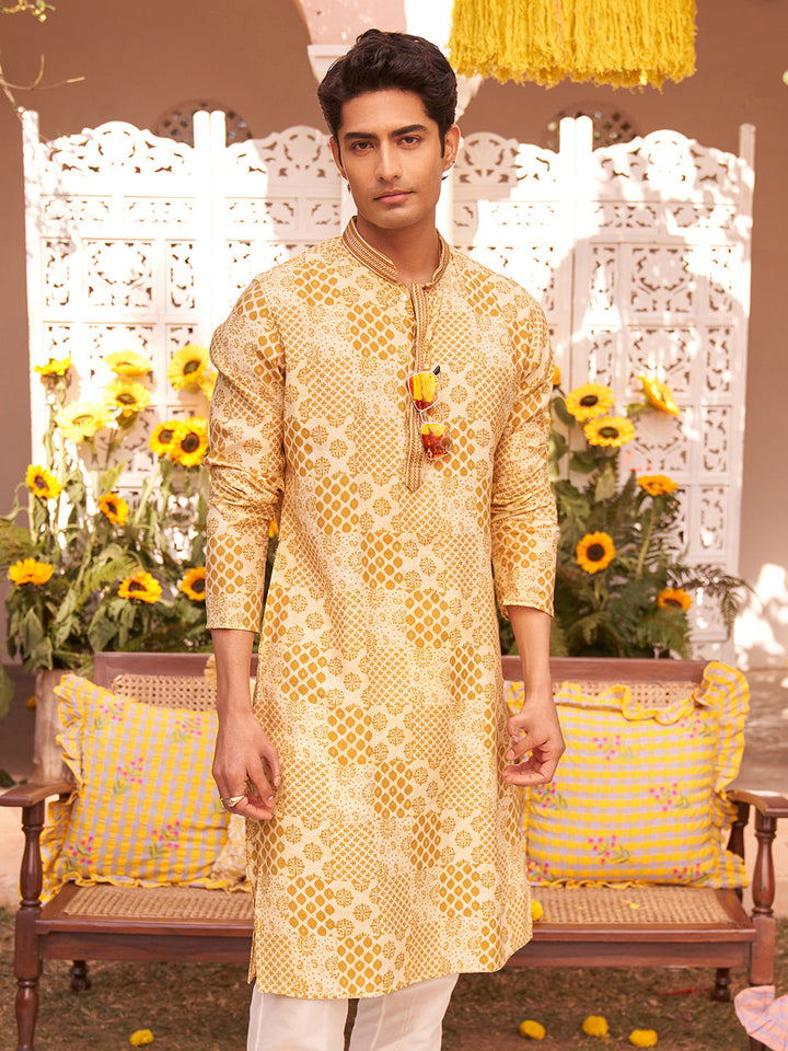 Men Mustard Ethnic Motifs Kurta | SHOBITAM