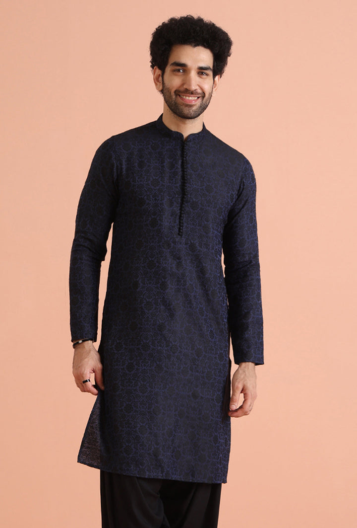 Navy Blue Jacquard Textured Kurta | SHOBITAM
