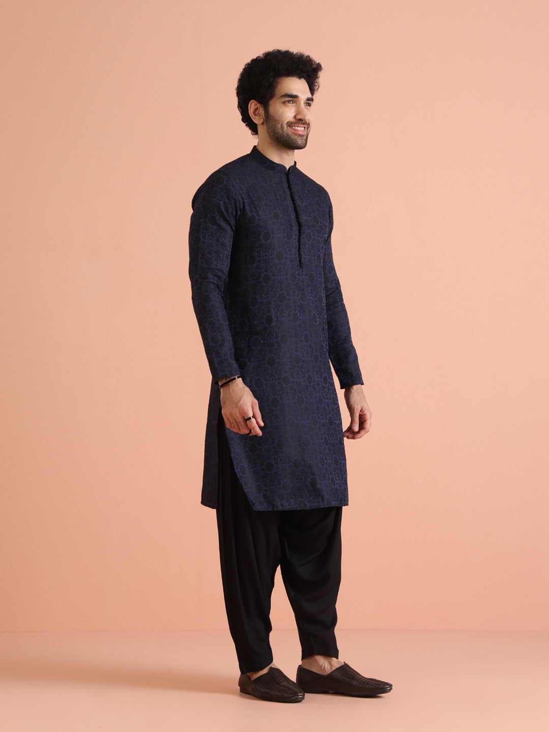 Navy Blue Jacquard Textured Kurta | SHOBITAM