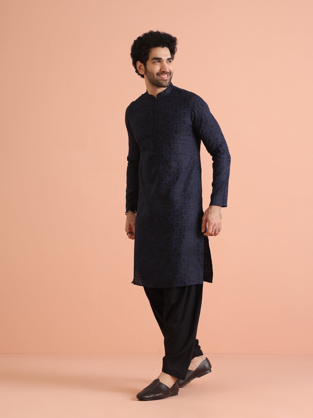 Navy Blue Jacquard Textured Kurta | SHOBITAM