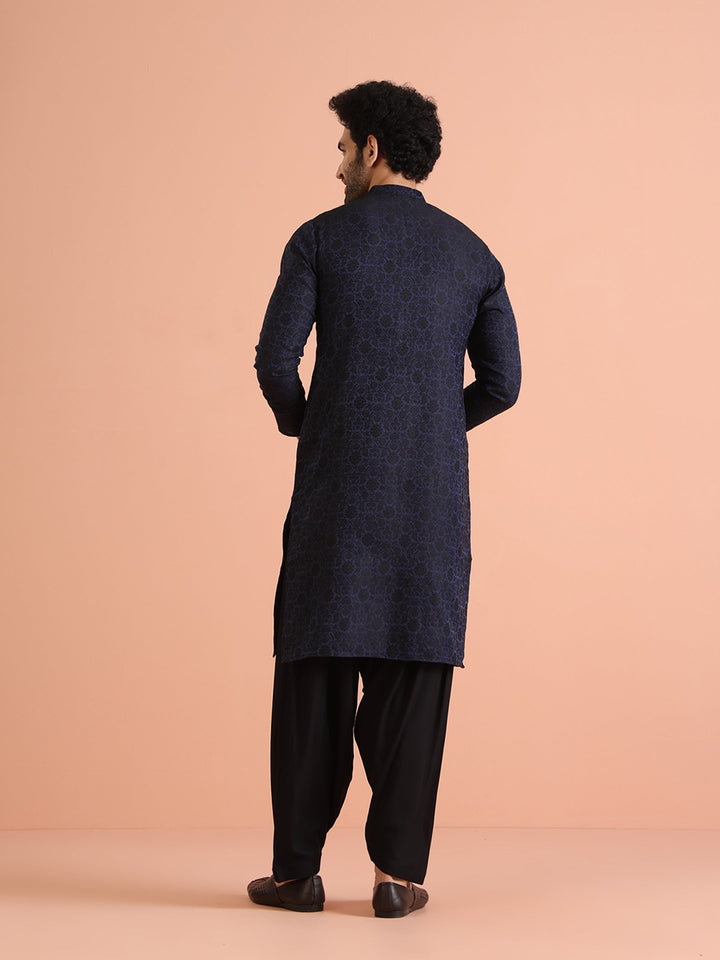 Navy Blue Jacquard Textured Kurta | SHOBITAM
