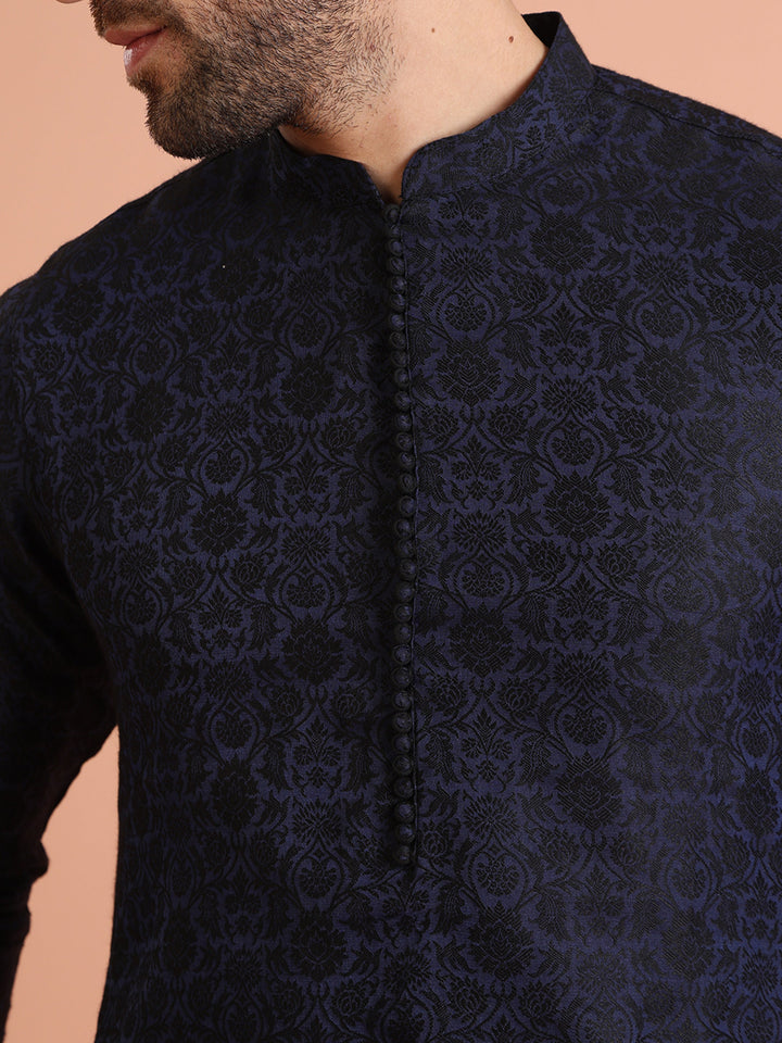 Navy Blue Jacquard Textured Kurta | SHOBITAM