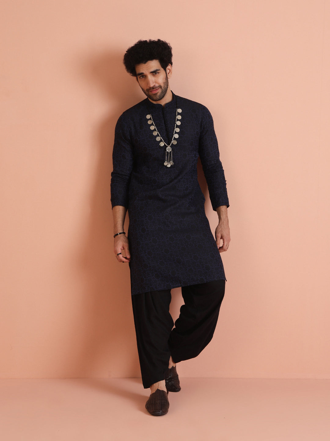 Navy Blue Jacquard Textured Kurta | SHOBITAM
